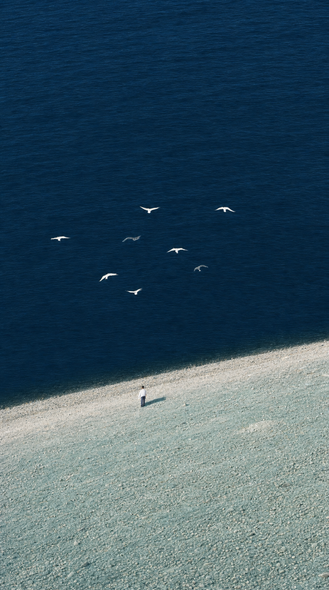 A lone figure on pale aqua coast
