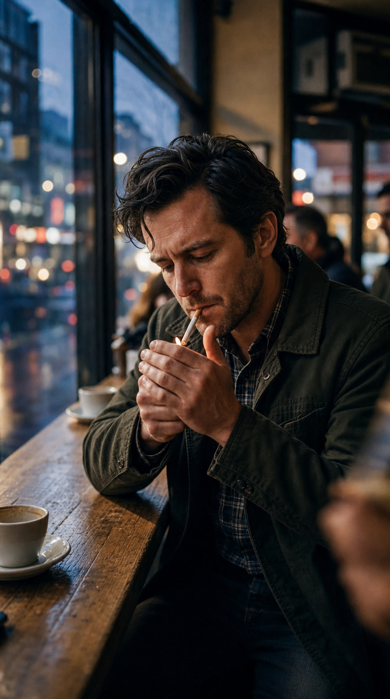 Adult man lighting a cigarette in dark green
