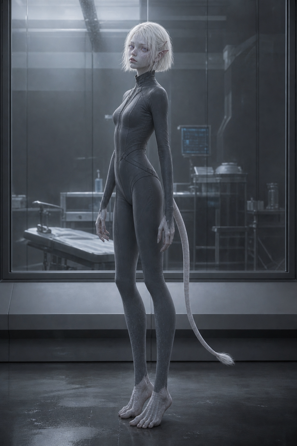 Albino humanoid subject in glass, bobbed white hair