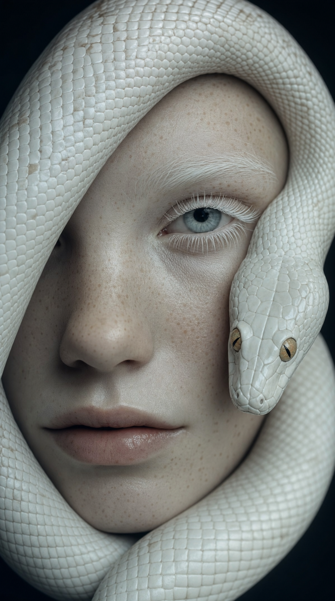 Albino woman with a coiled white snake