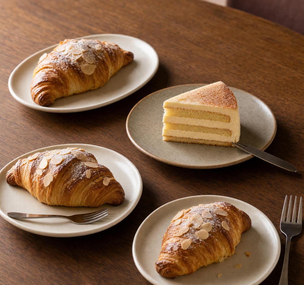 Almond Croissants and Vanilla Custard Cake on Wood