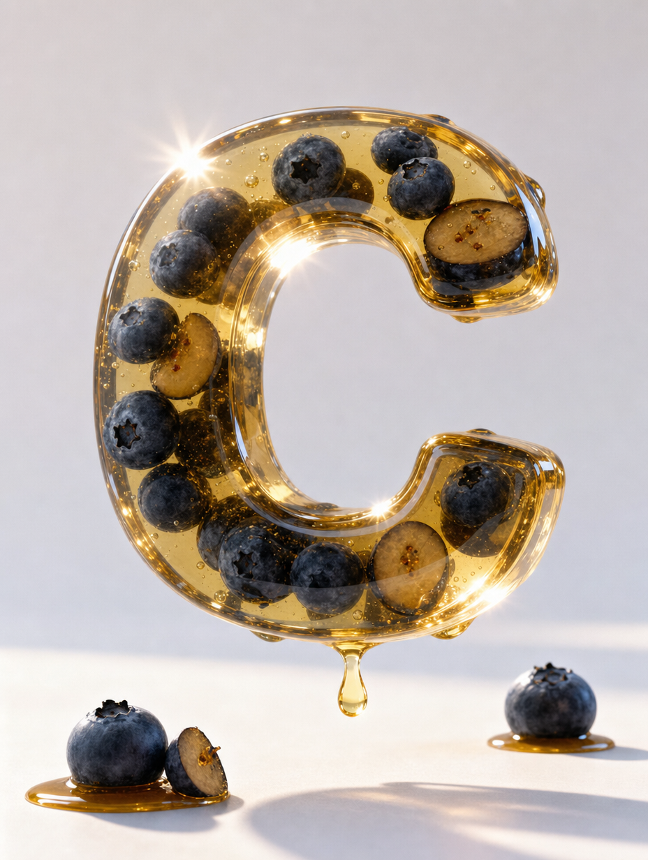 Amber gelatin letter C with fresh blueberries