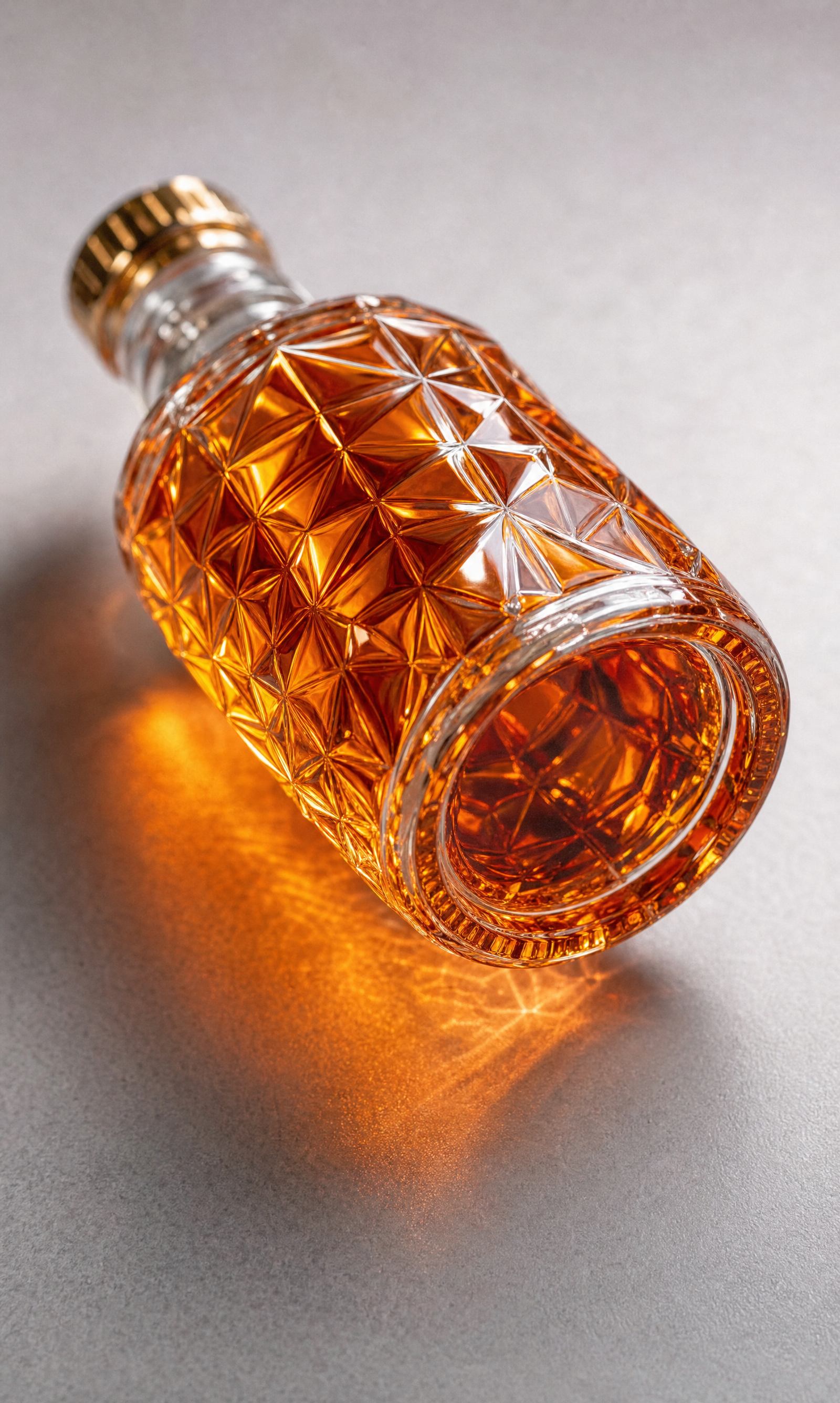 Amber glass bottle on light-gray studio surface