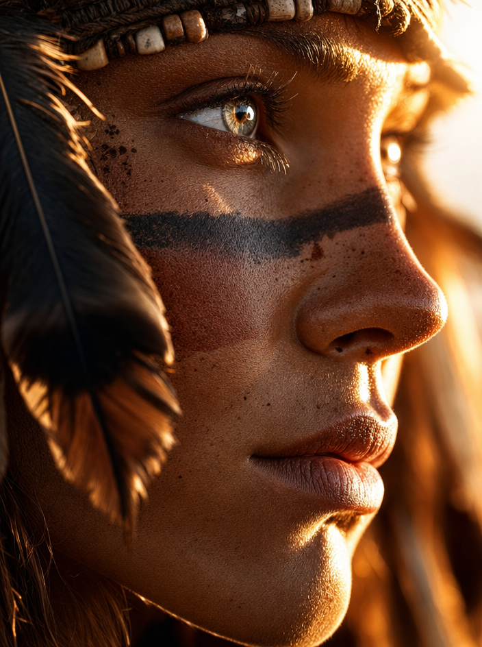 Amber-lit Native portrait with feathers
