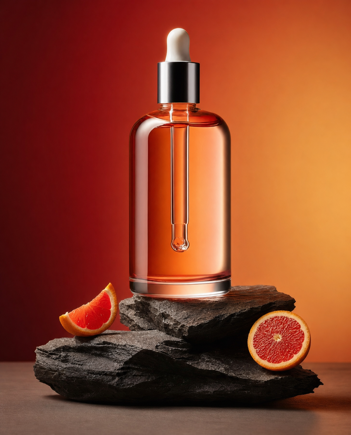 Amber serum bottle on slate rocks