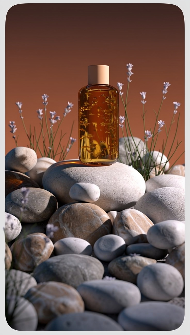 Amber Shampoo Bottle on River Stones