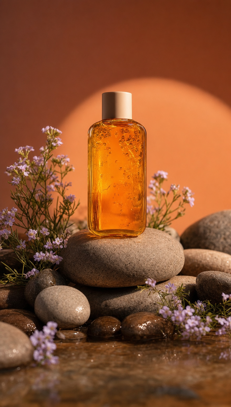 Amber Shampoo Bottle on River Stones