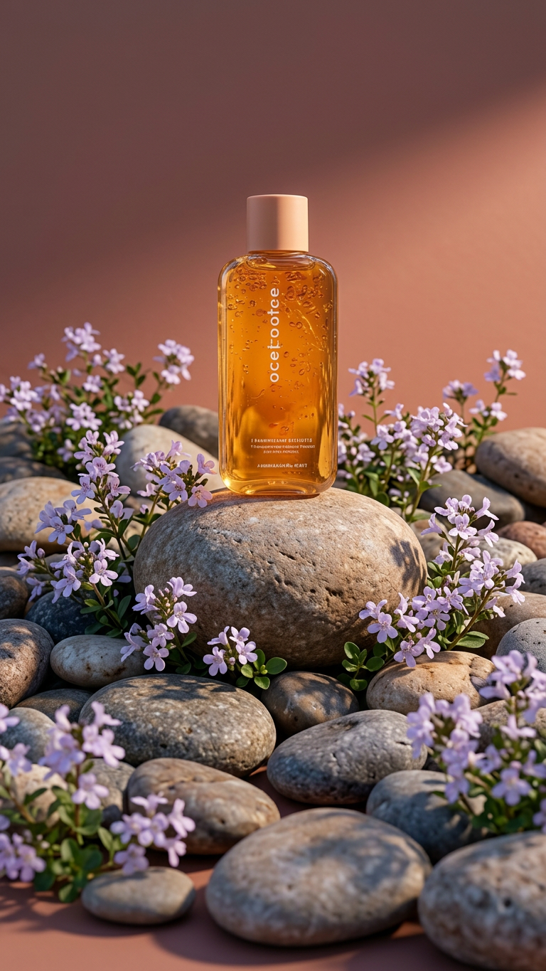Amber Shampoo Bottle on River Stones