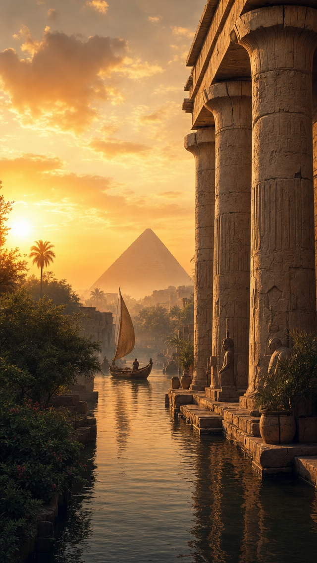 Ancient Egyptian Canal With Tan-Sailed Skiff at Sunset