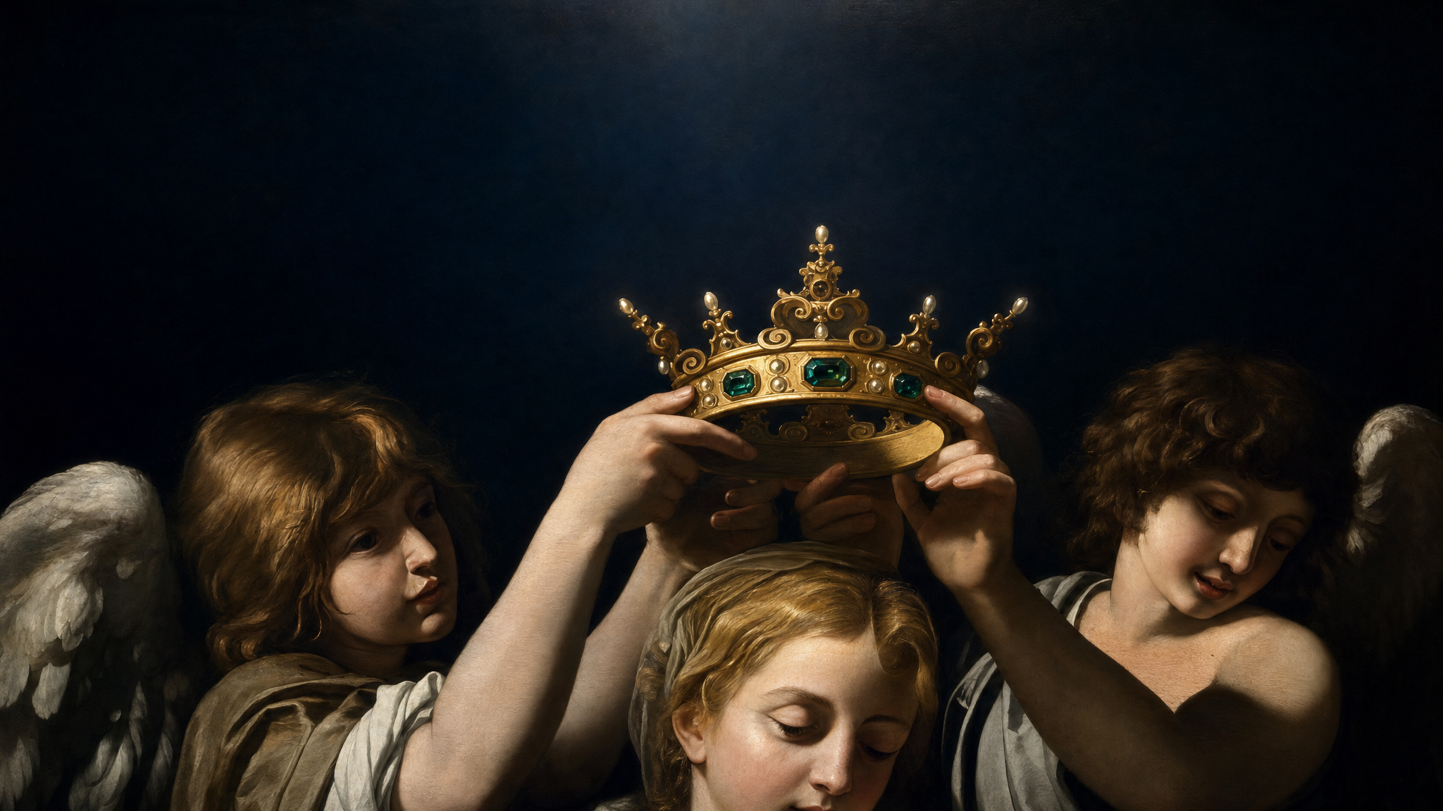 Angels crown a blonde in emerald light