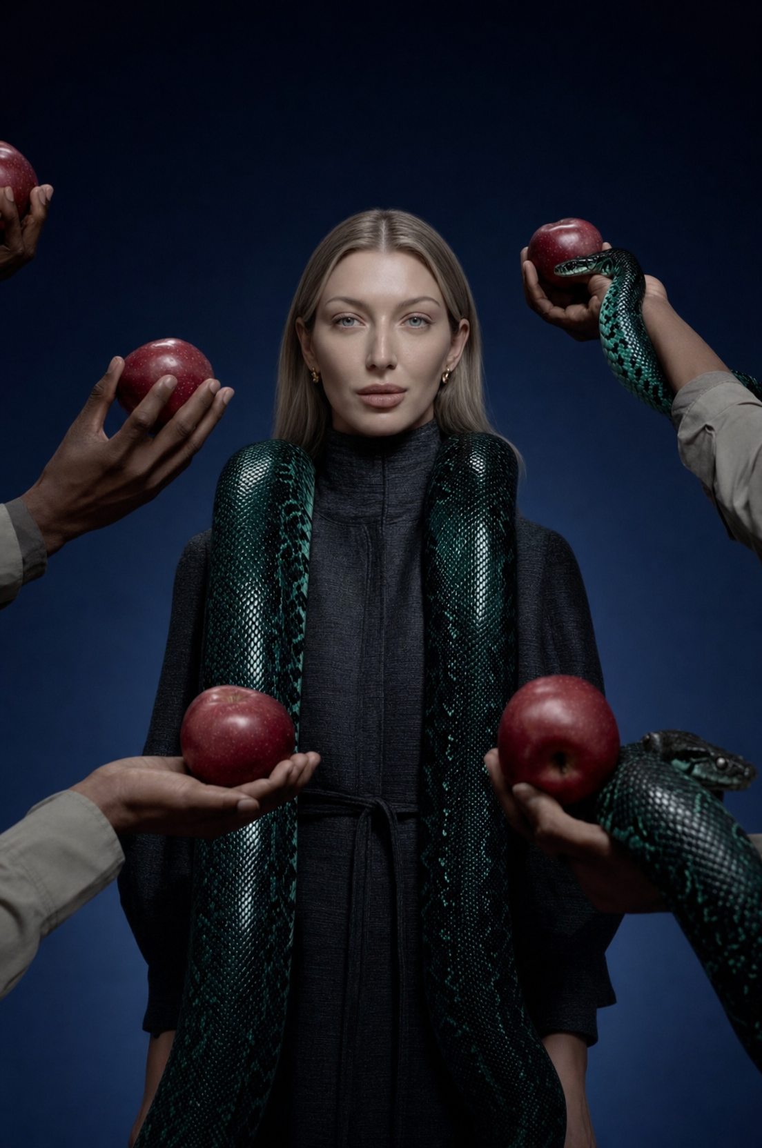 Ash-blonde fashion model with emerald snakes