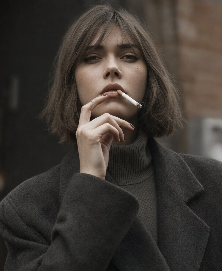 Ash-brown bob in charcoal editorial
