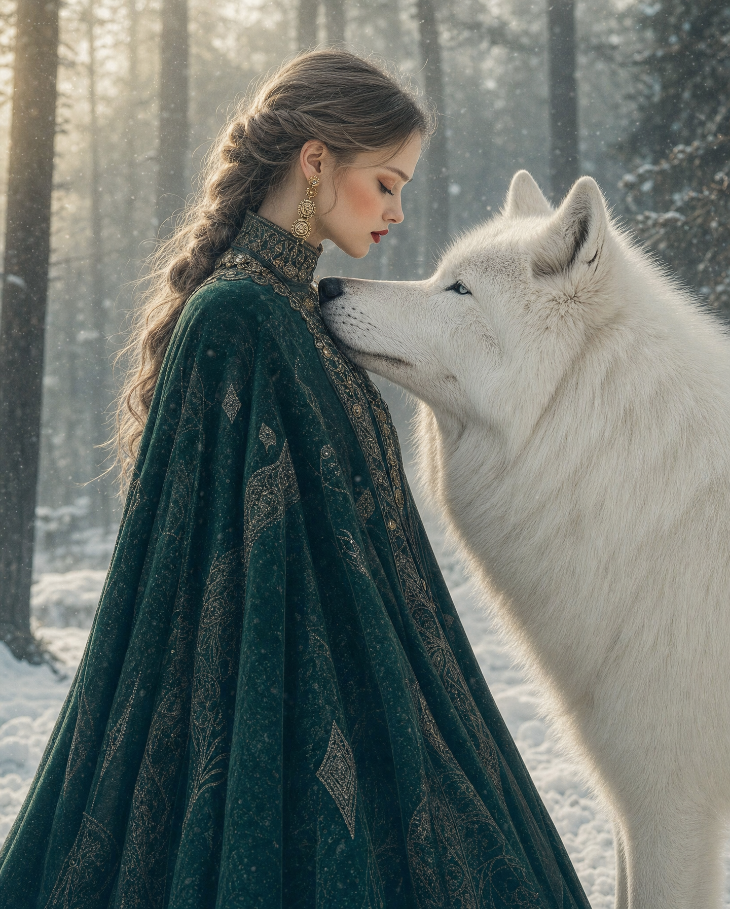 Ash-brown braid and emerald cape