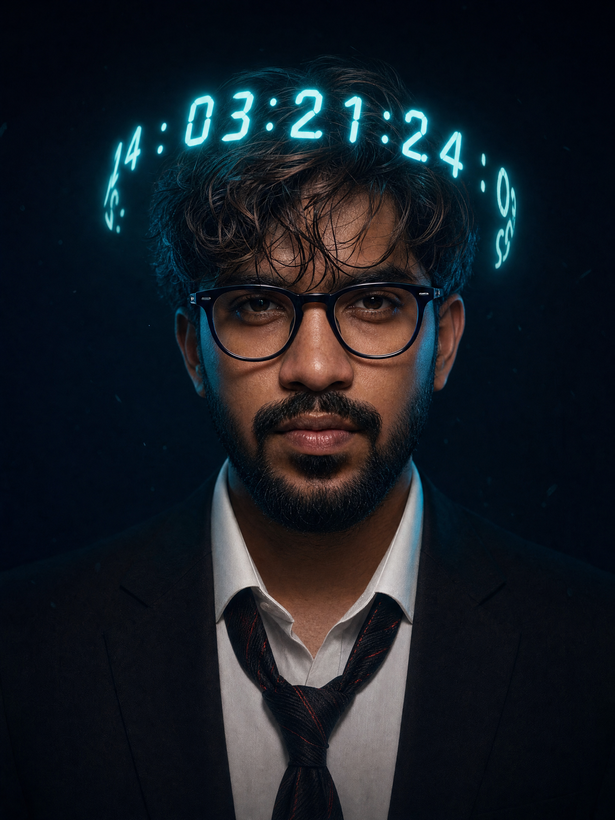 Ash-brown-haired man with teal number halo