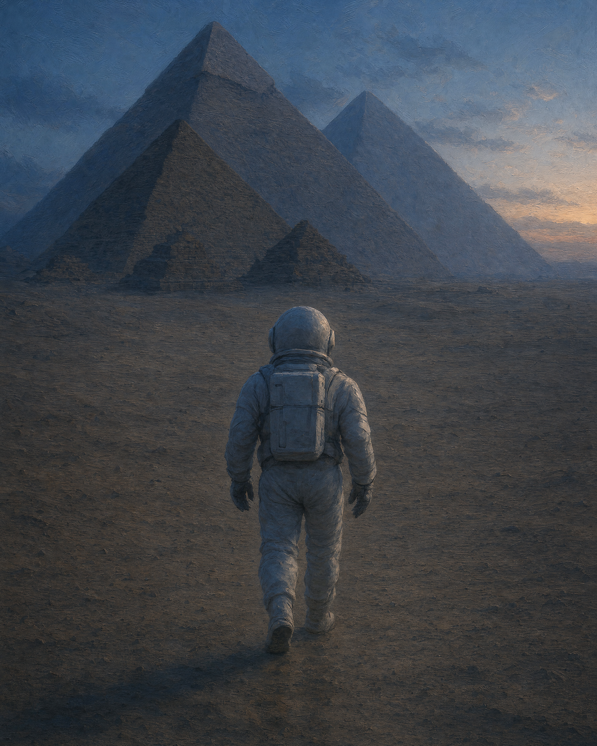 Astronaut Trek Toward Dusk Pyramids