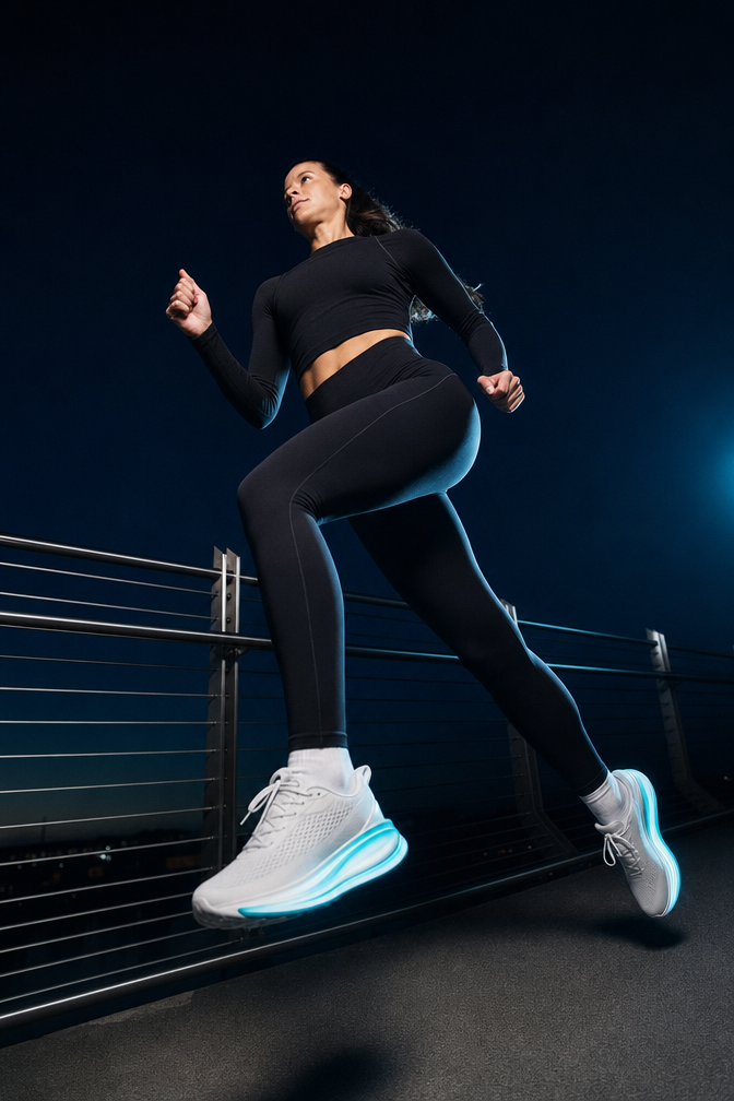 Athletic woman sprinting on night bridge, teal shoes