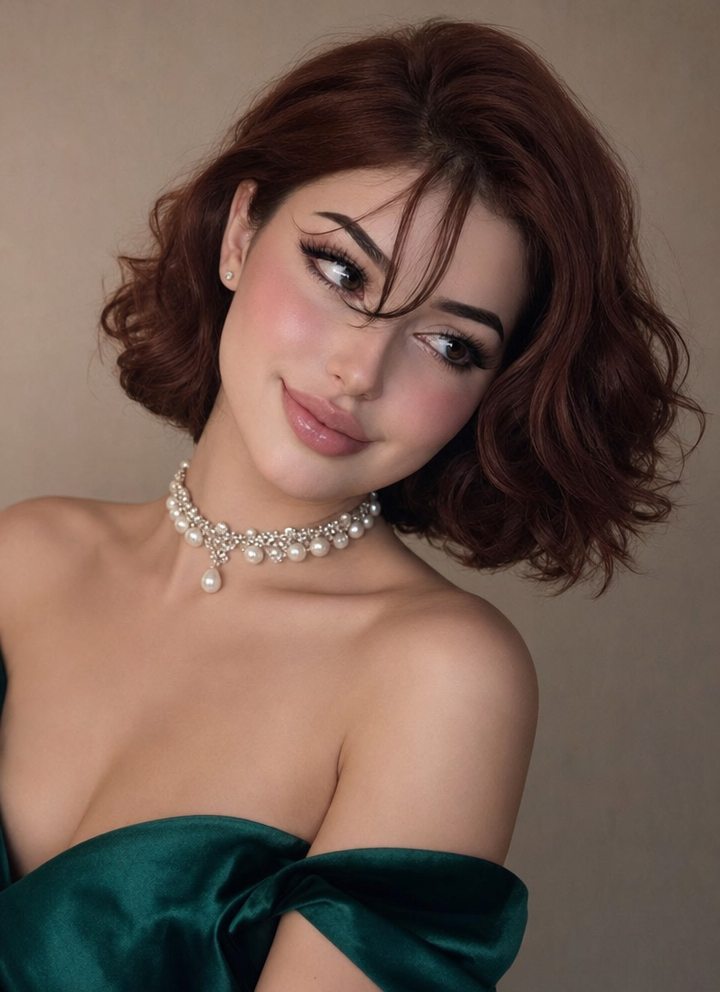 Auburn-haired woman in emerald elegance