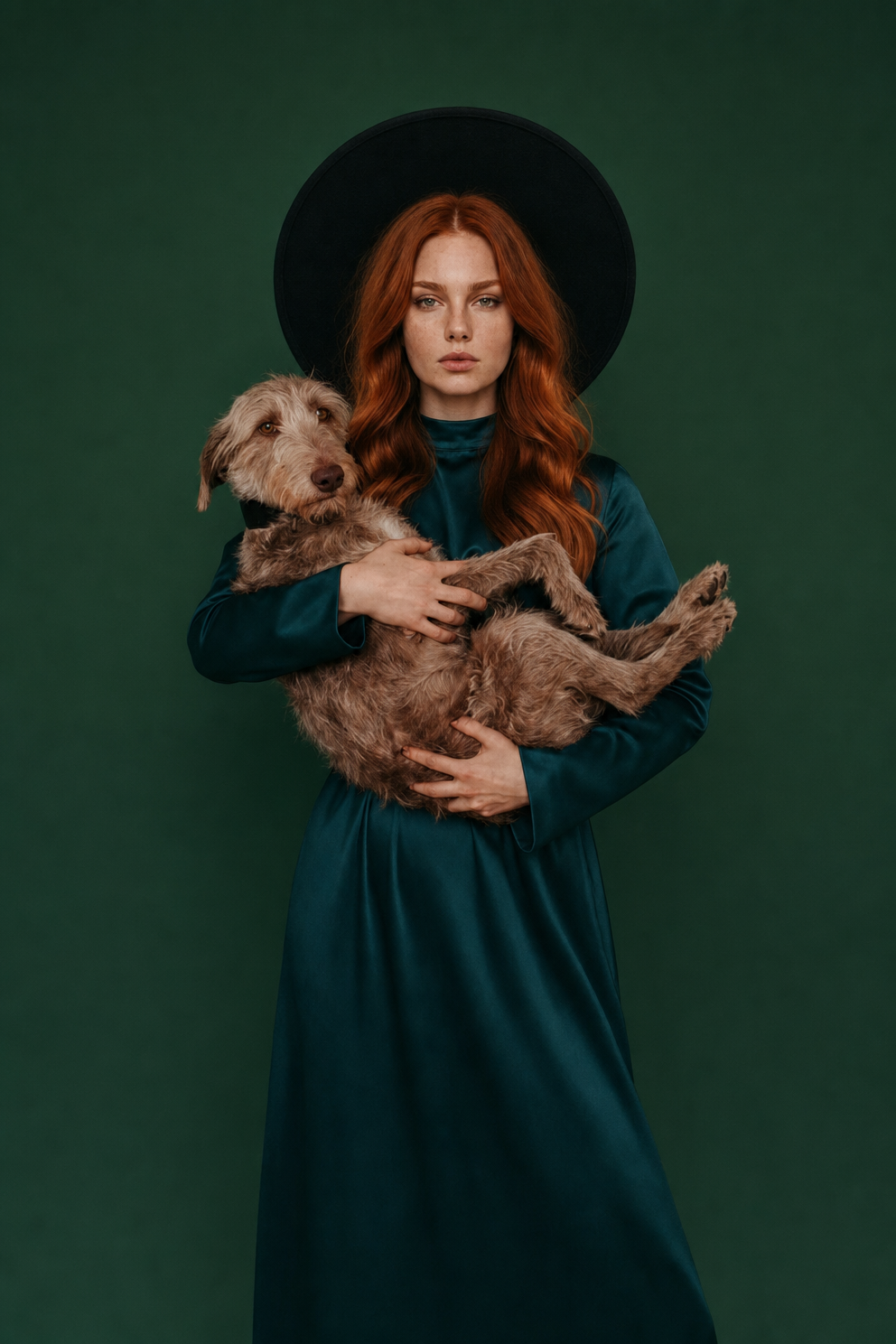 Auburn-haired woman with scruffy dog