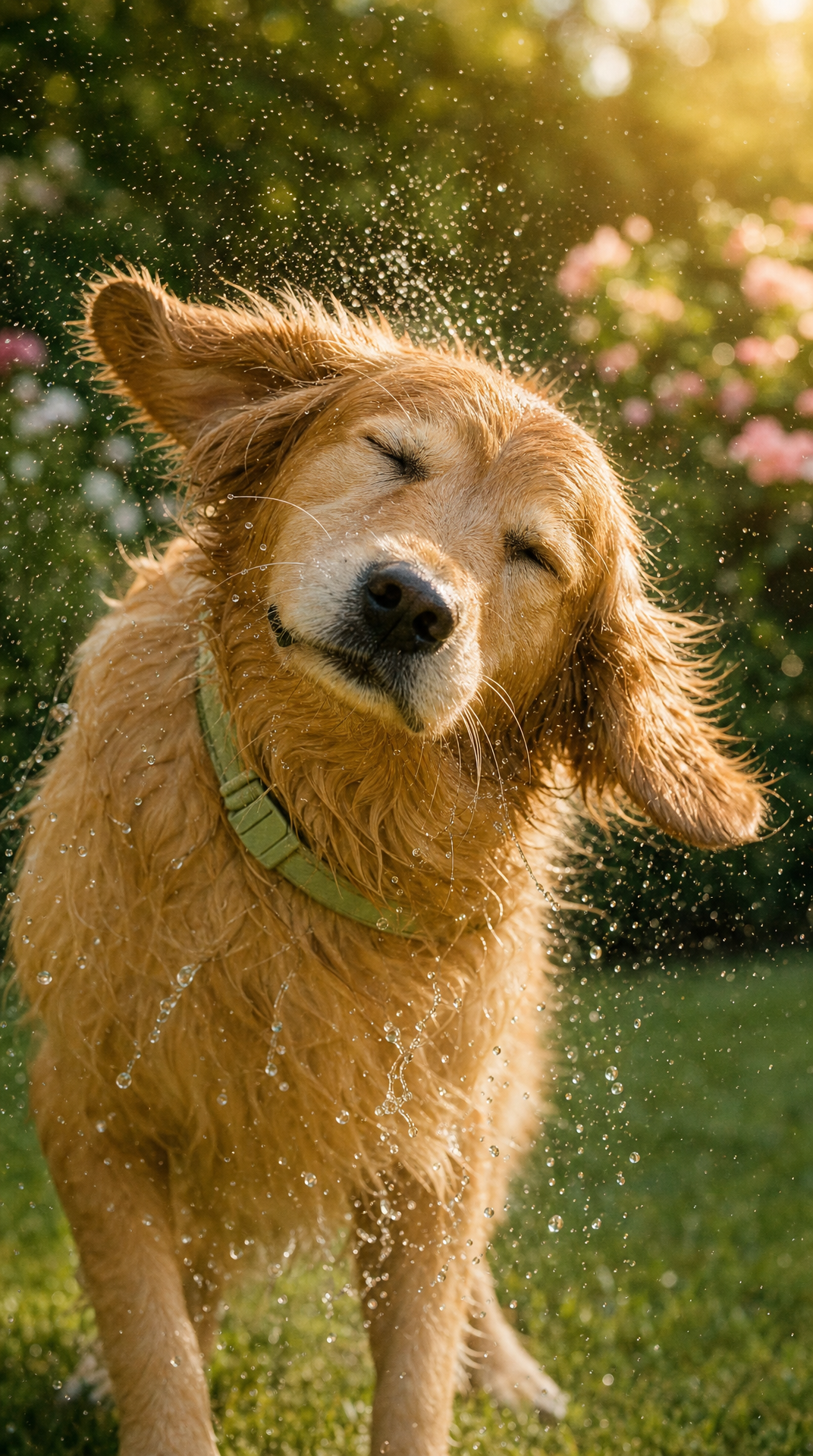 Golden Retriever Shaking Water in Garden