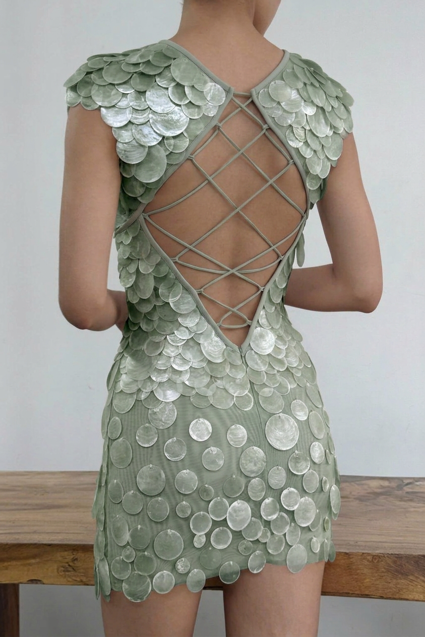 Backless Sage Pearl-Disc Mini Dress