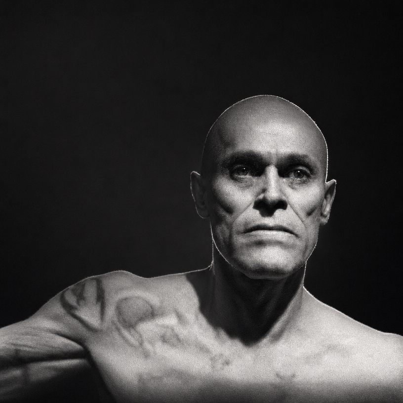 Bald man in stark rim light