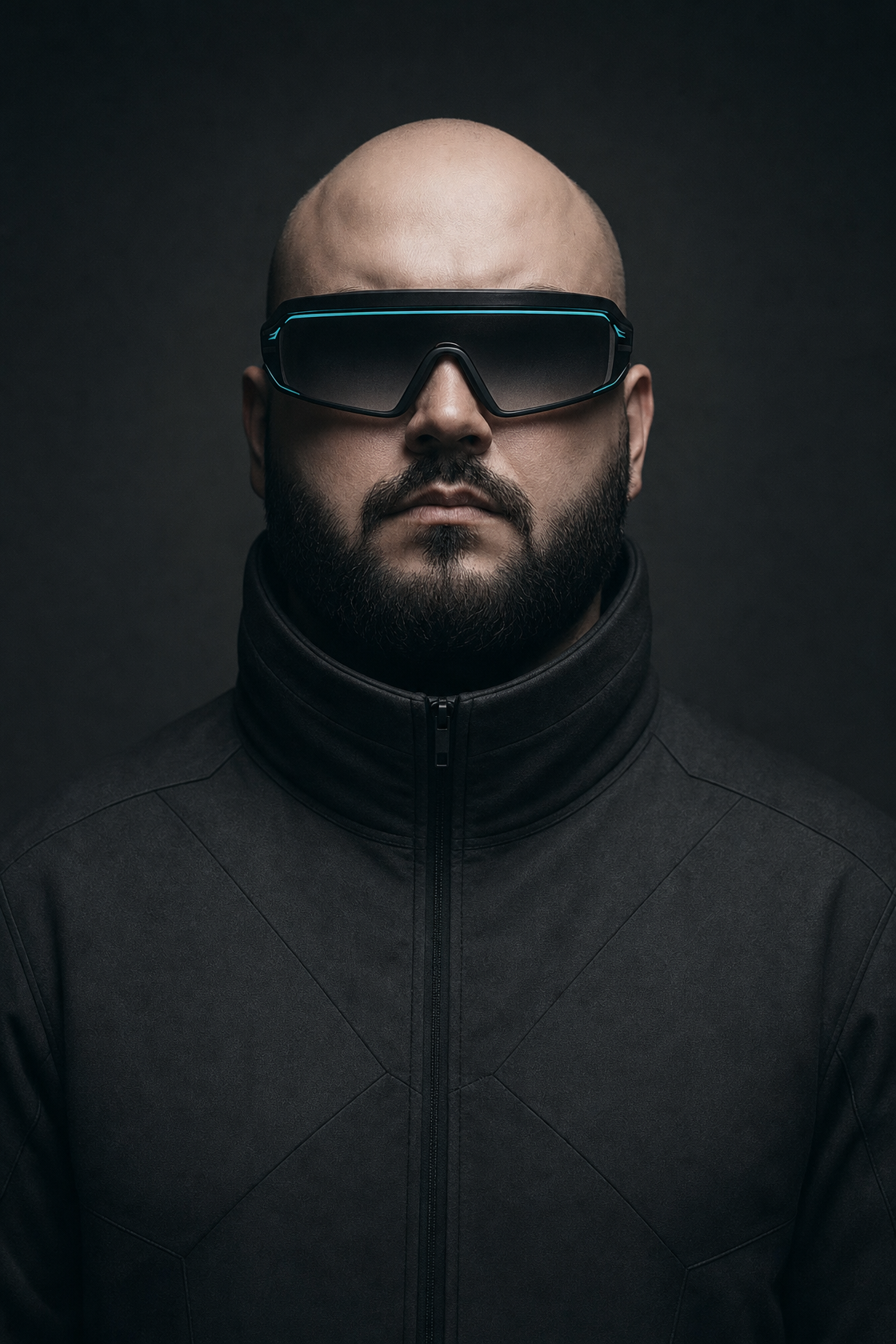 Bald man with teal-accent sunglasses in charcoal jacket