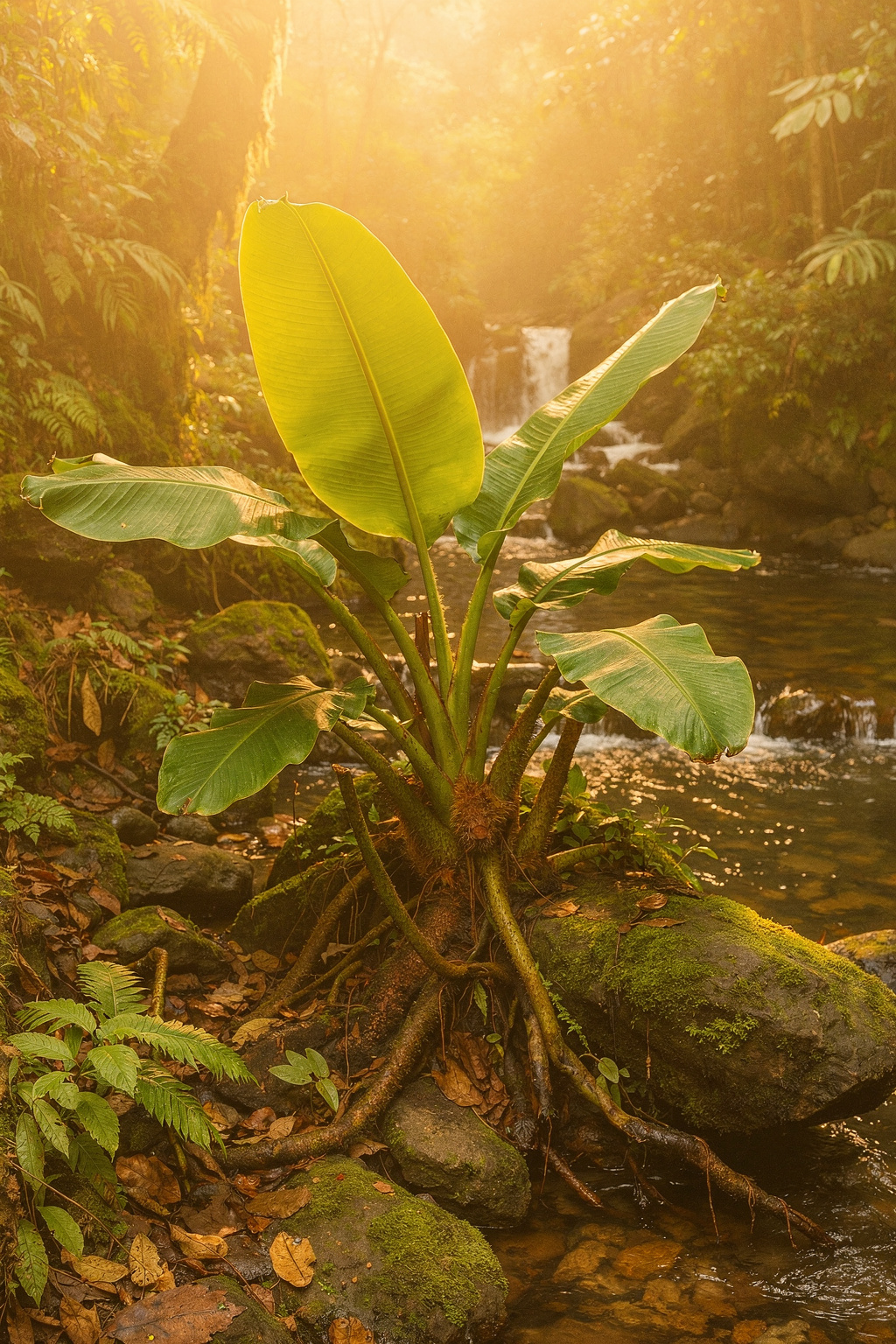 Banana Leaves by a Misty Stream