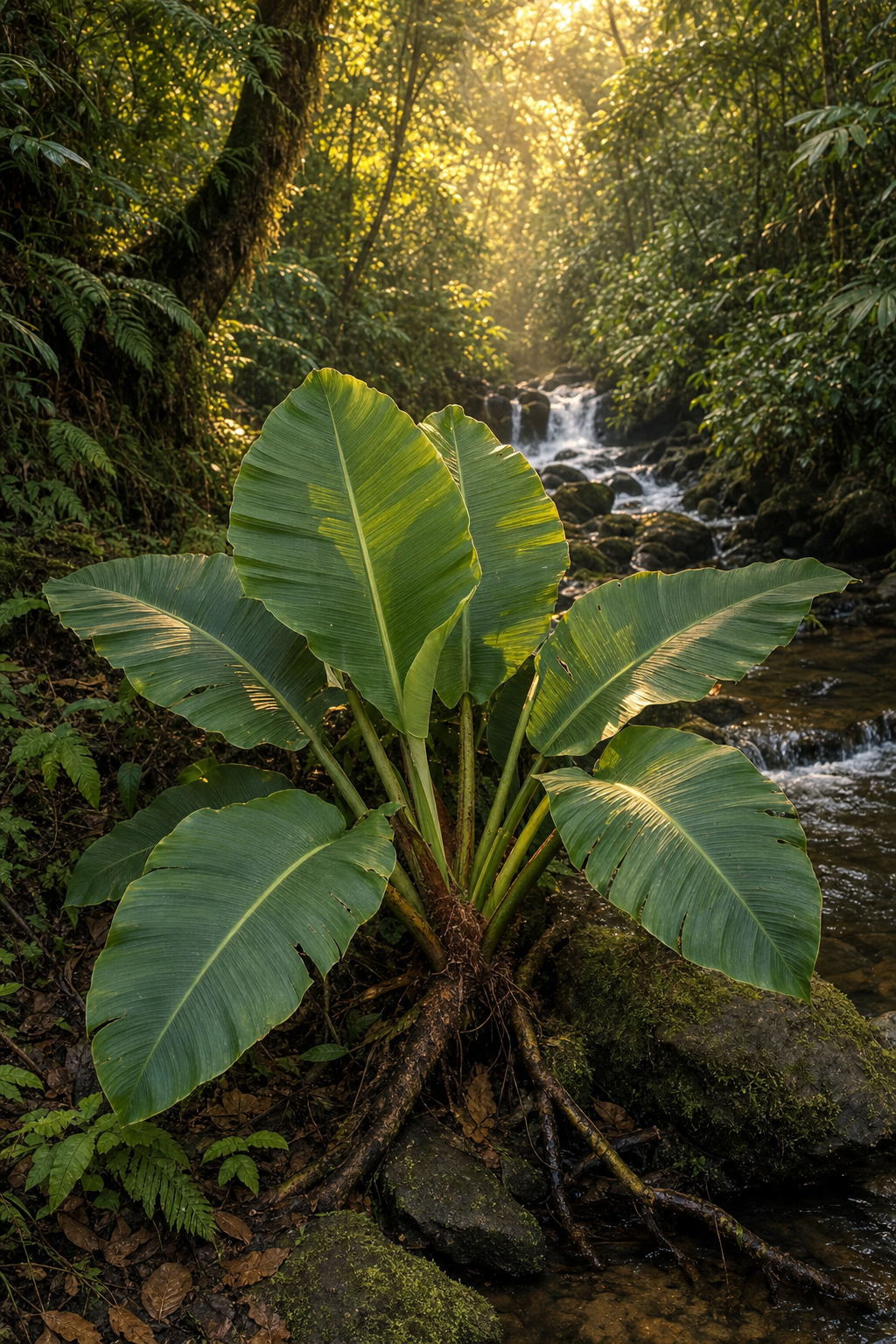 Banana Leaves by a Misty Stream