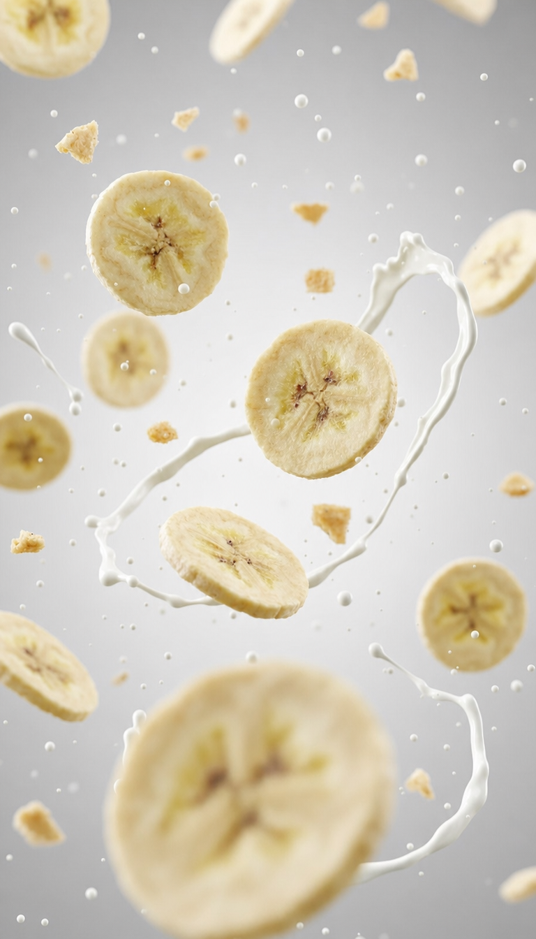 Banana slices in cool milk splash background