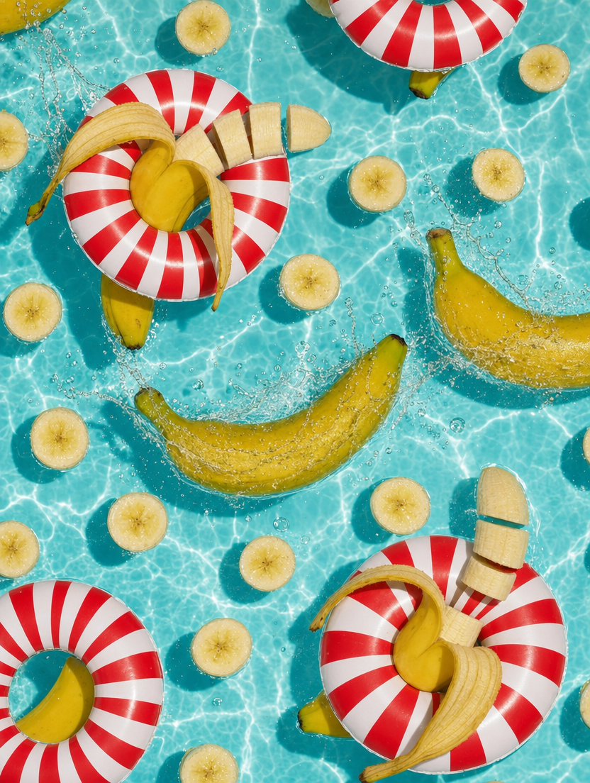 Bananas in aqua water with rings
