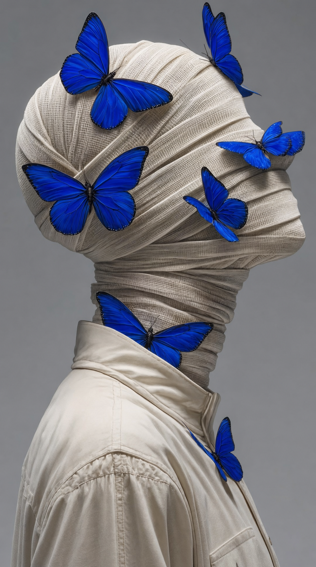 Bandaged Man in Cream Bandages with Blue Butterflies