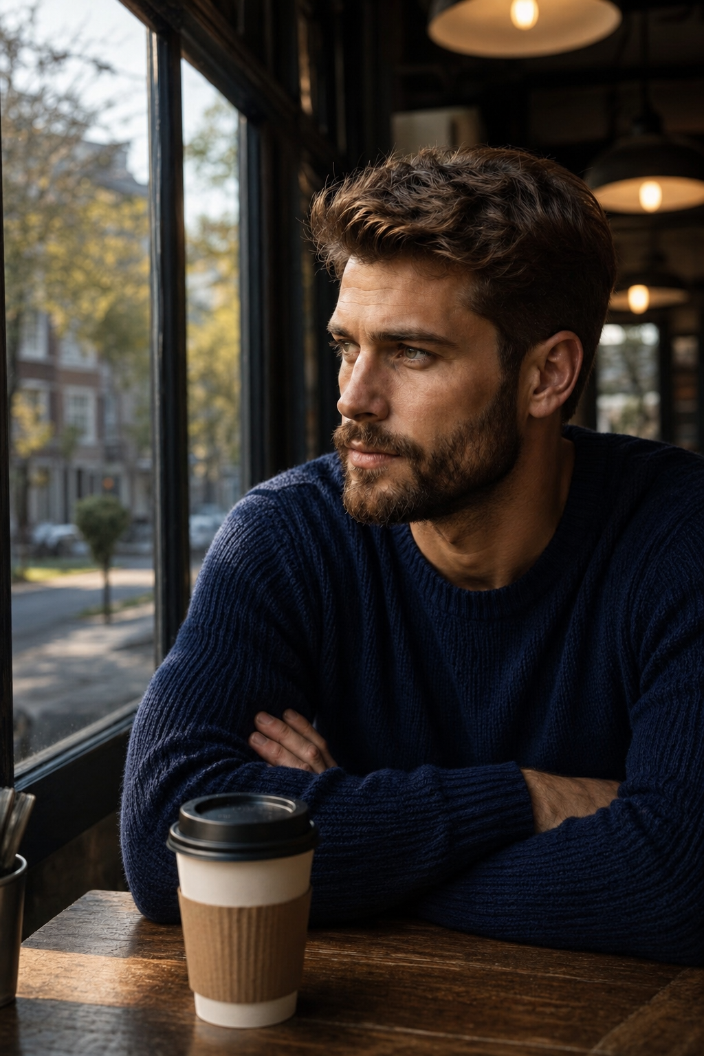 Bearded man in navy sweater at cafe window