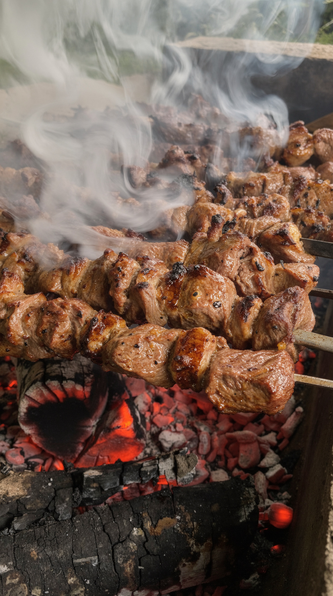 Beef Skewers on Glowing Charcoal, Thick Smoke