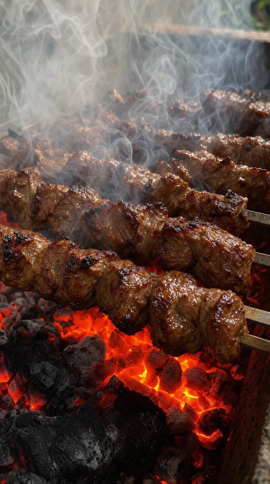 Beef Skewers on Glowing Charcoal, Thick Smoke