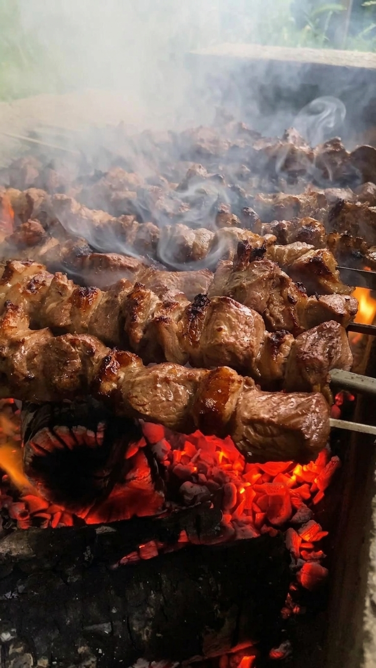 Beef Skewers on Glowing Charcoal, Thick Smoke