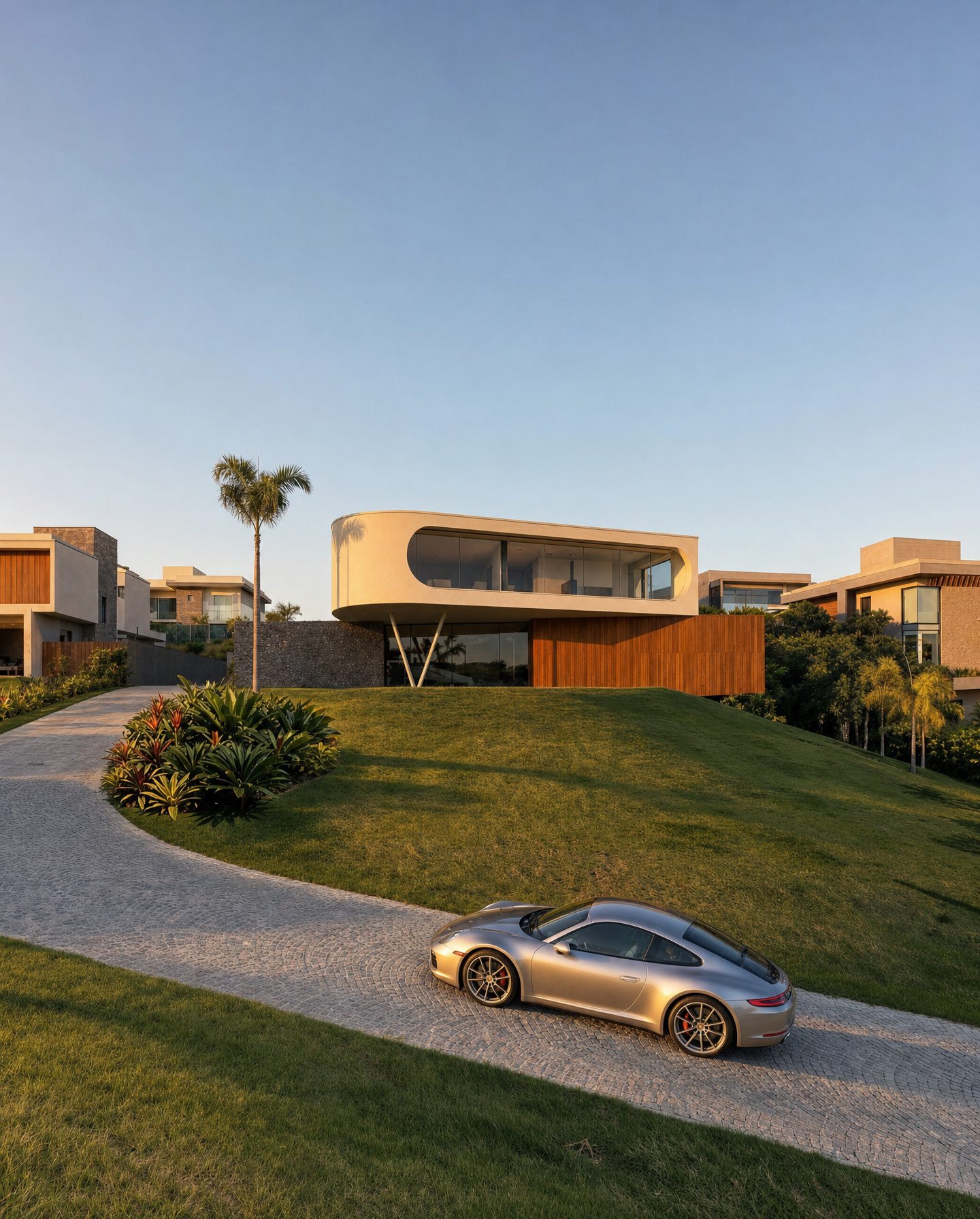 Beige Curved Mansion with Silver Coupe