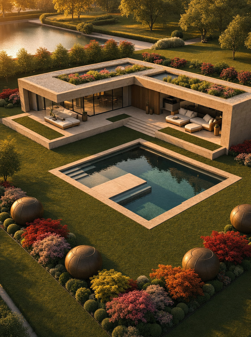 Beige Modern Villa with Rectangular Pool Garden