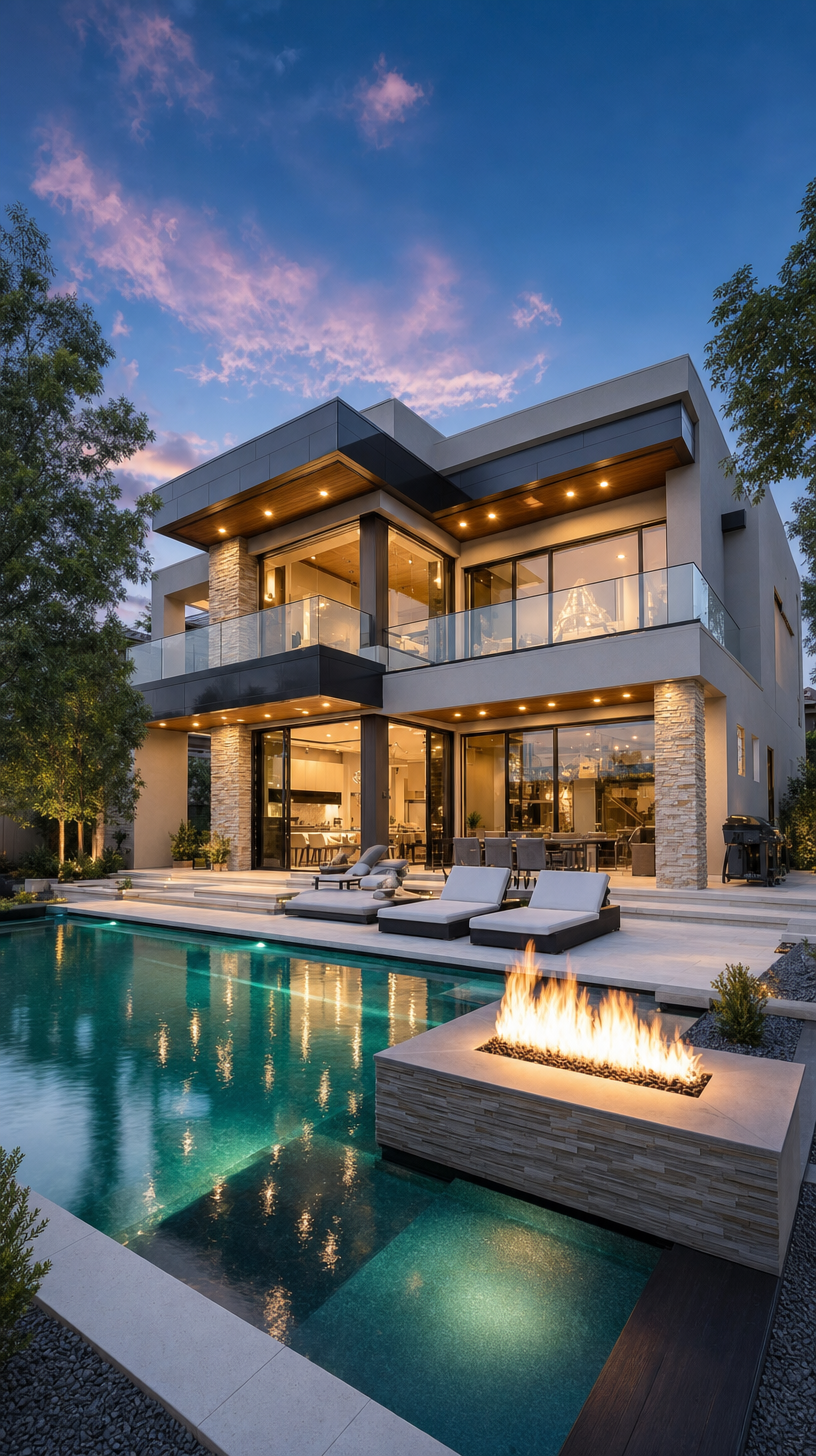 Beige modern villa with turquoise pool fire