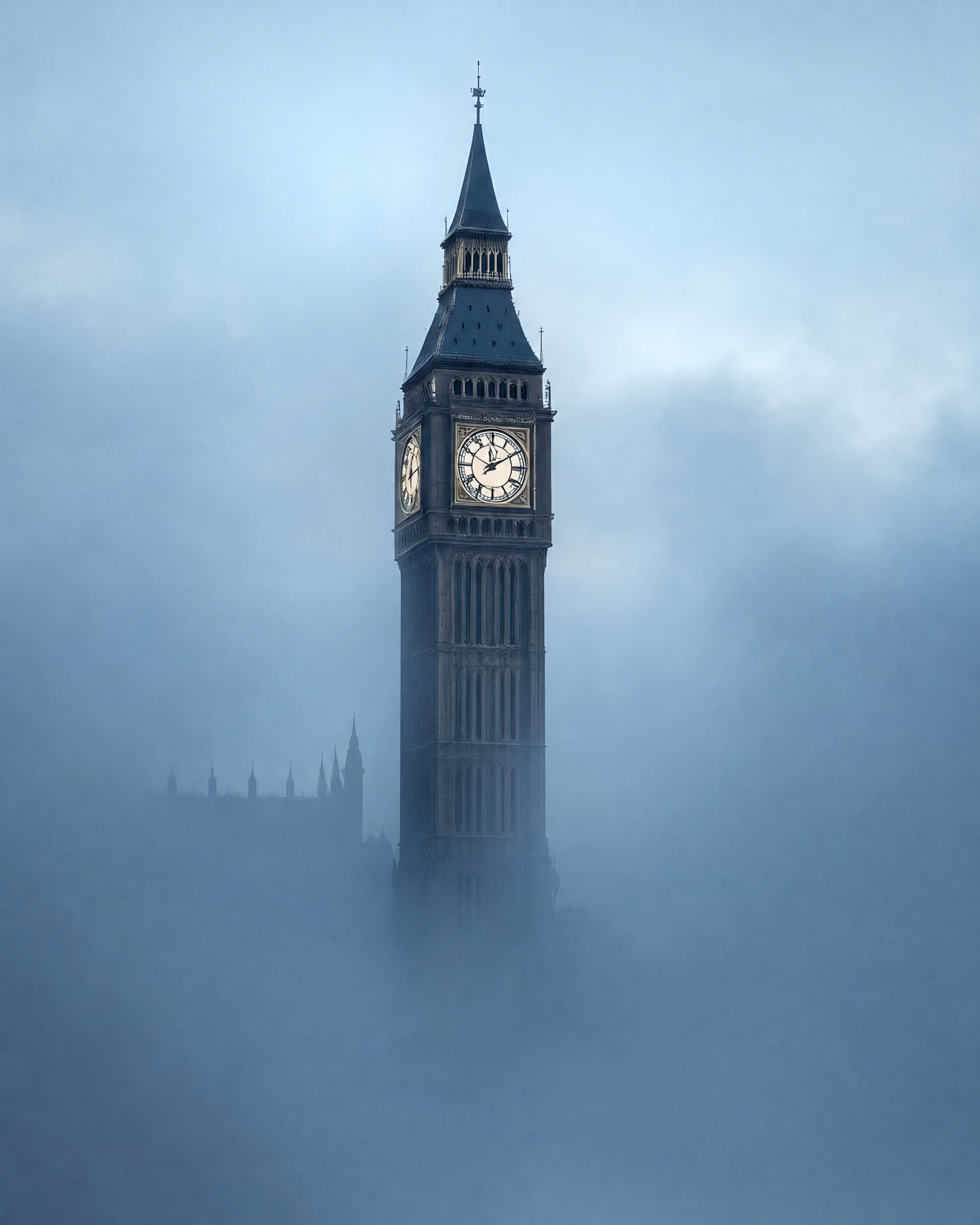 Big Ben in cool blue fog at dawn