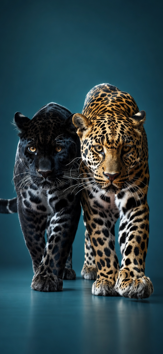 Black and golden leopards on teal studio background
