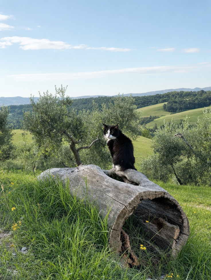 Black-and-white tuxedo cat on log with spring meadow