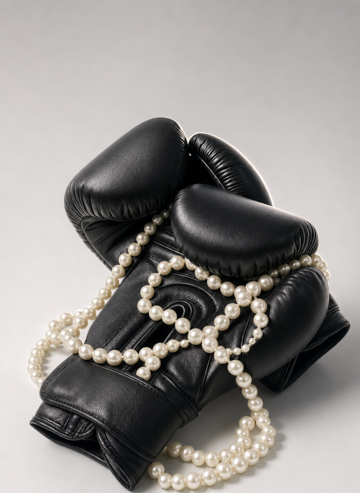 Black Boxing Gloves with Ivory Pearls