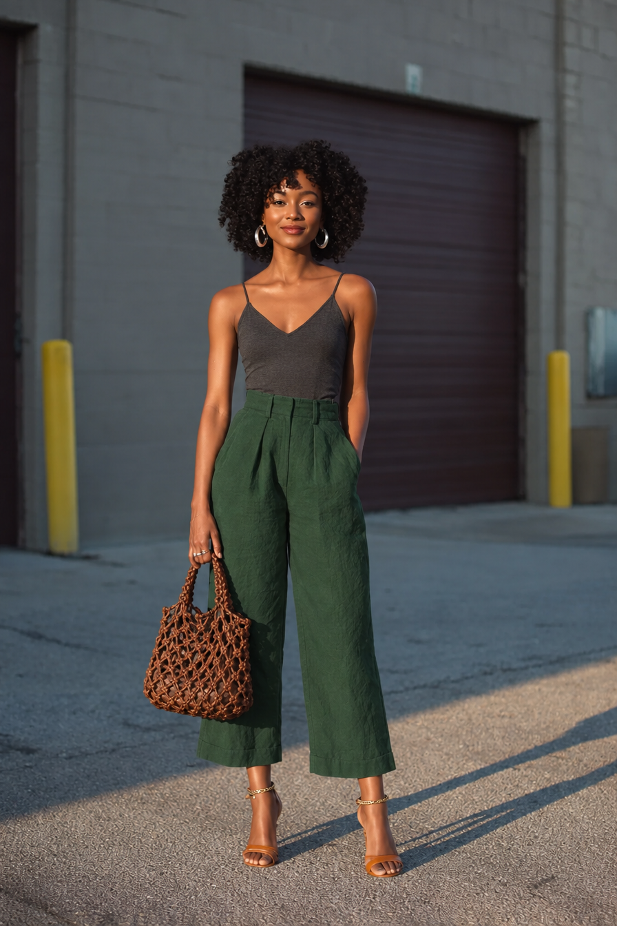 Black cami woman in forest-green wide-leg trousers