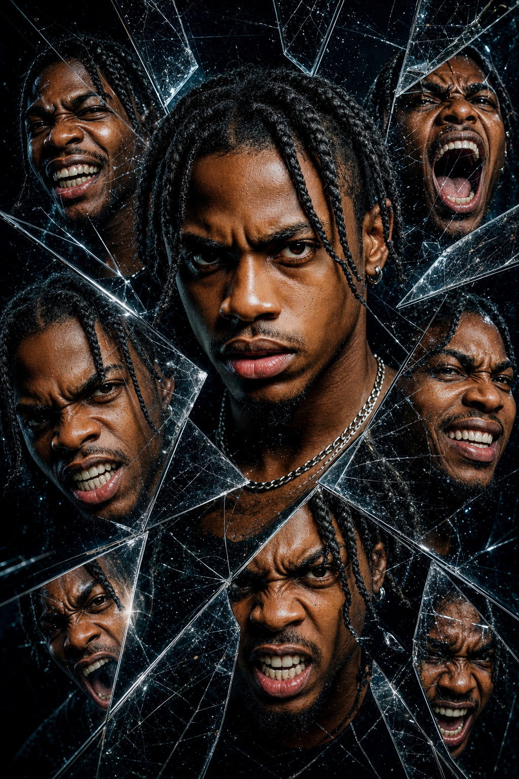 Black-Dreadlock Face Through Shattered Glass