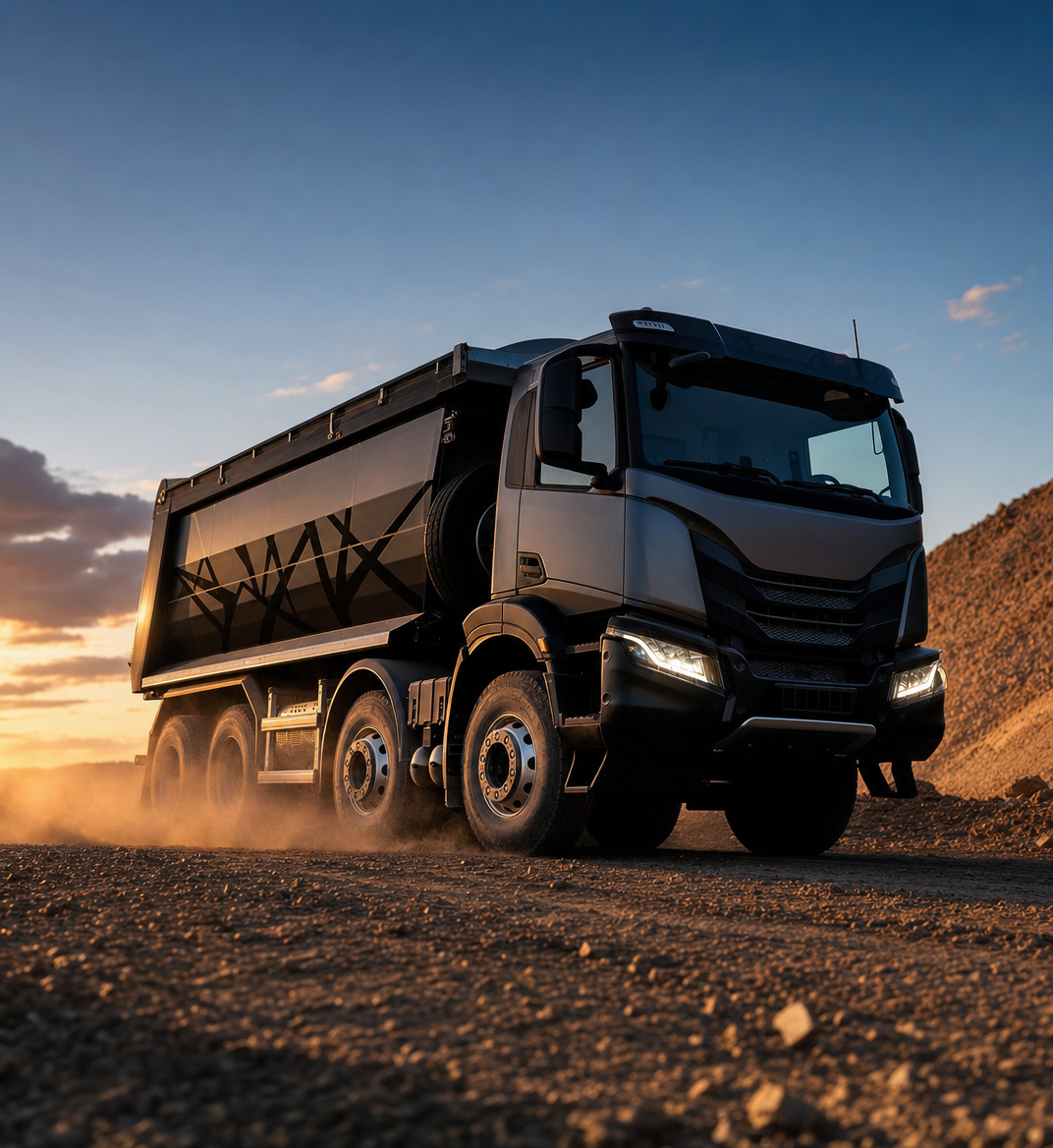 Black Iveco dump truck at dusk, dusty road