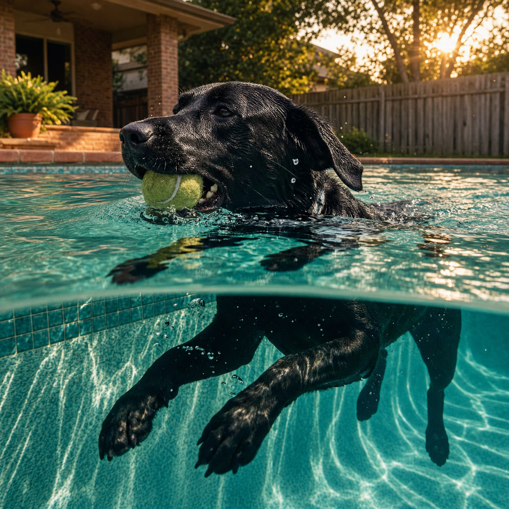 Black Labrador with green tennis ball in pool