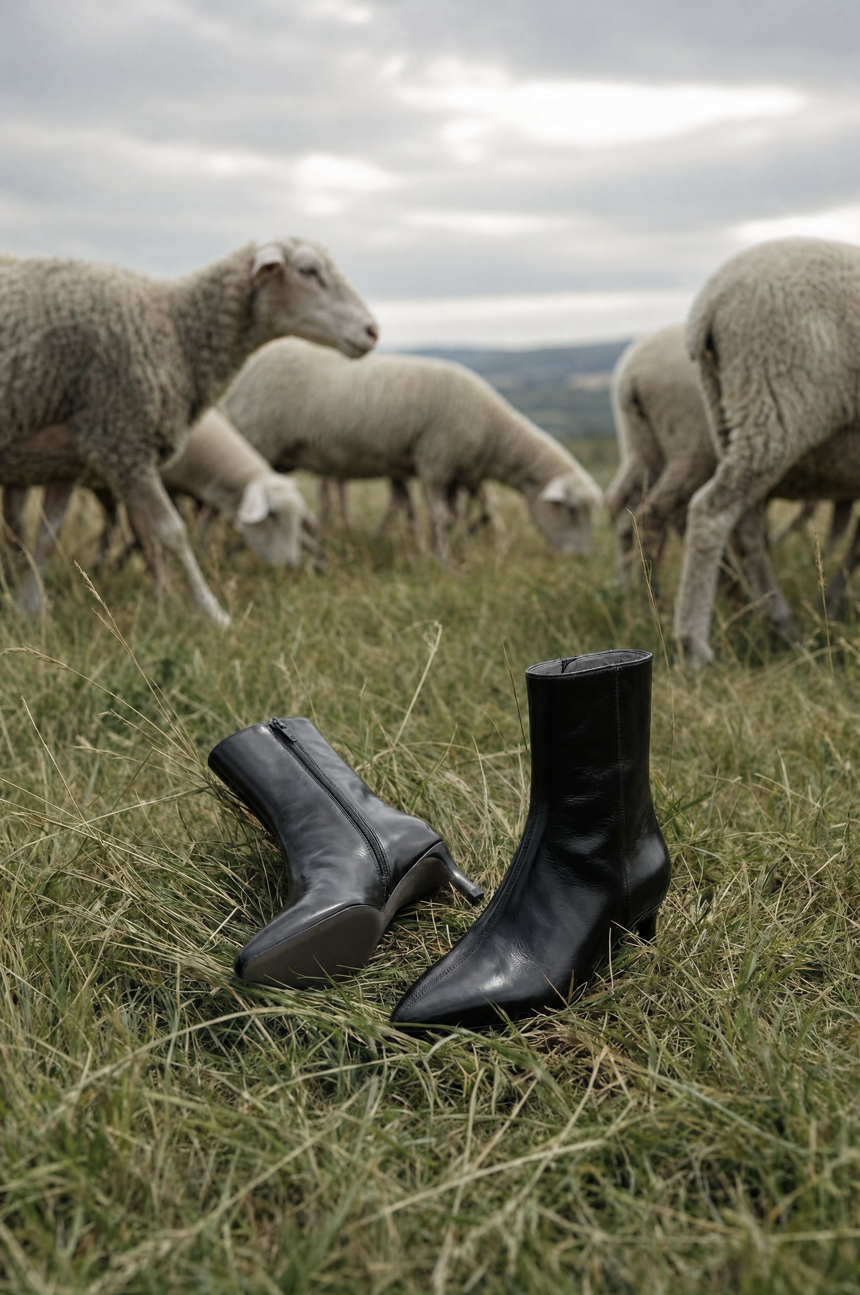 Black leather ankle boots in tall grass