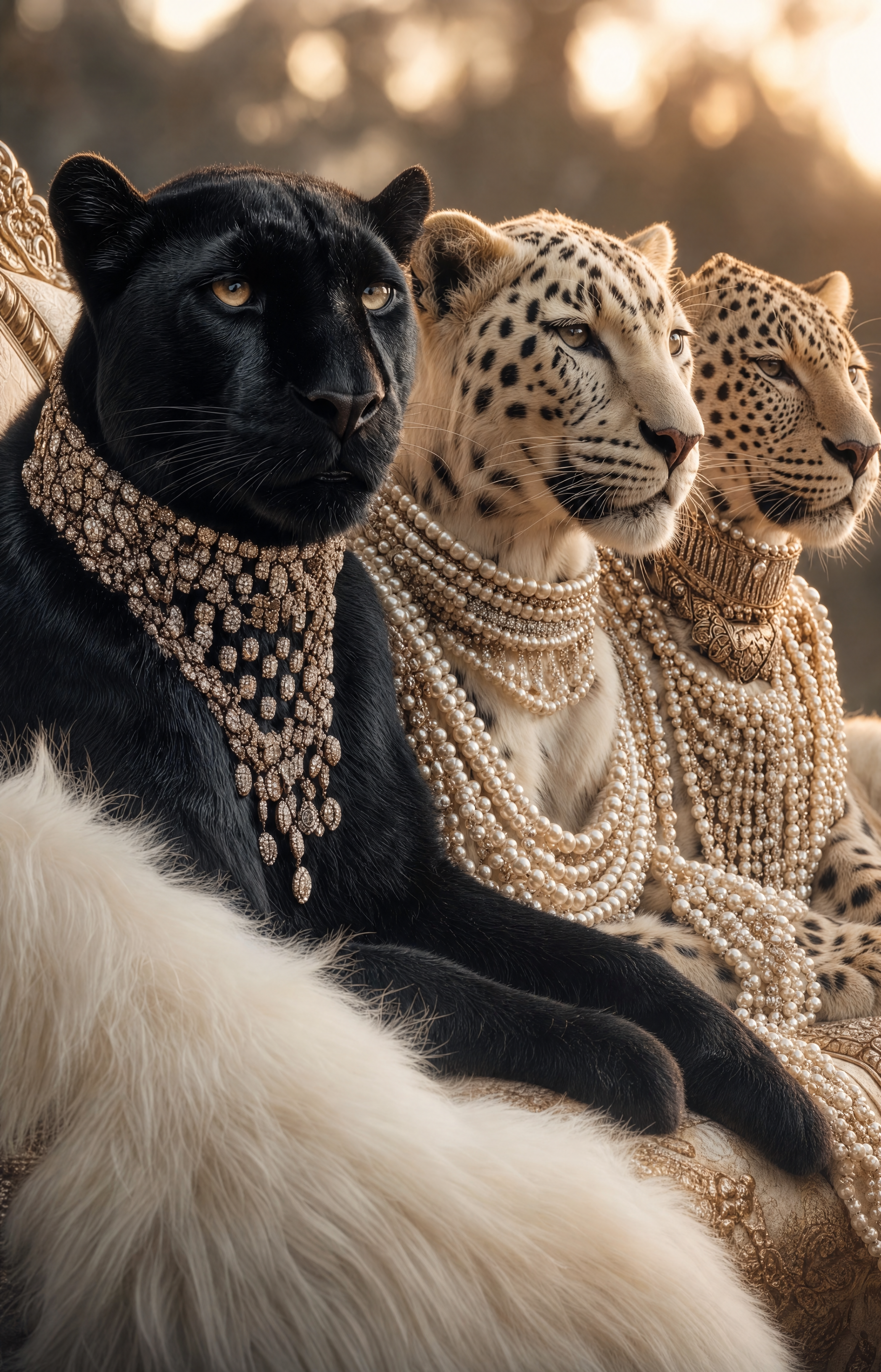 Black panther with cream leopards, gold bokeh