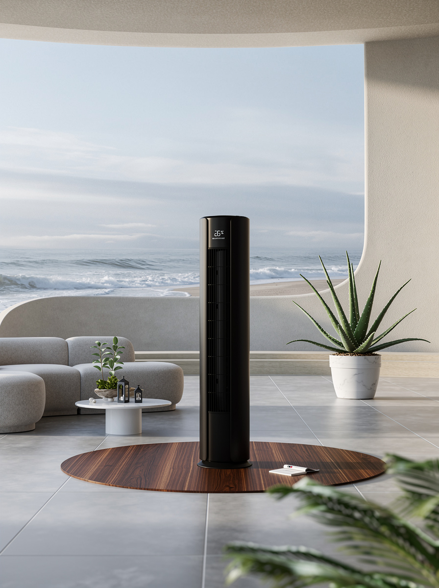 Black tower fan on gray rug by window