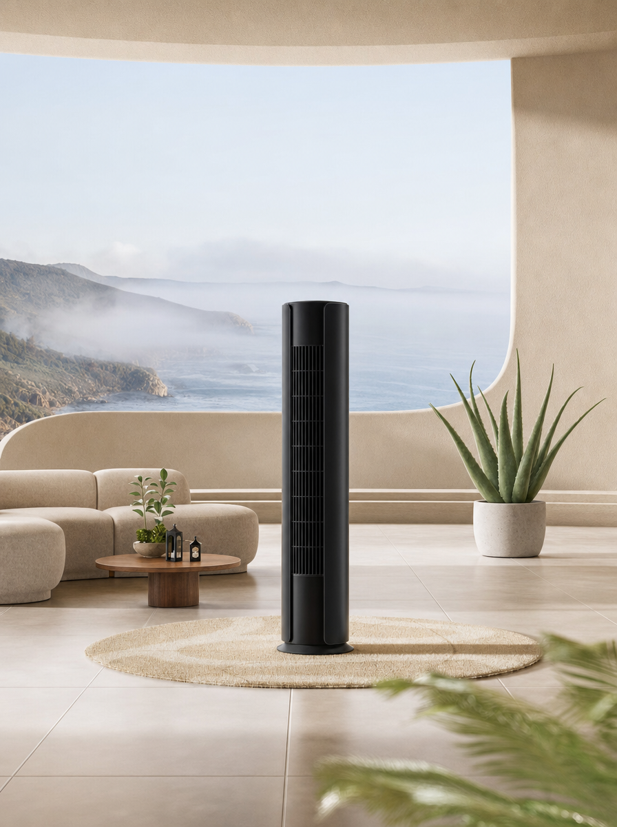 Black tower fan on gray rug by window